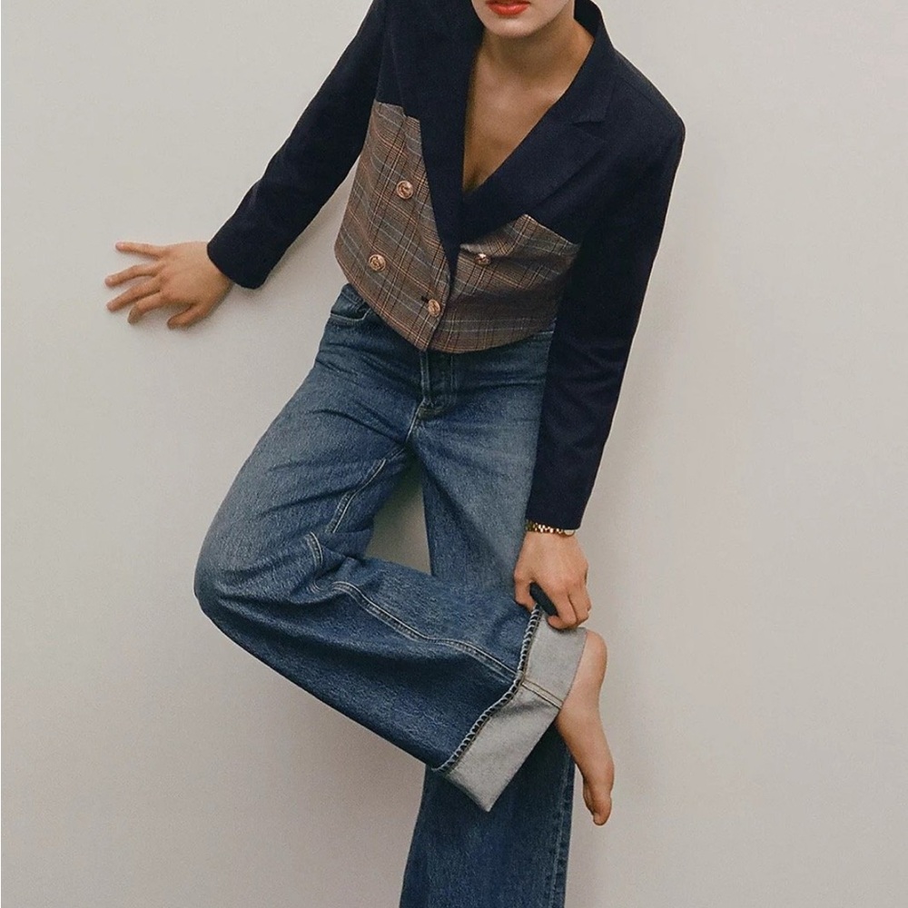 Jason Wu Navy Linen & Plaid Mixed Media Double Breasted Cropped Blazer M
